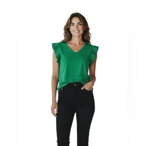 ADRIANNA PAPELL Green Pleated Ruffle Short Sleeve V-Neck Blouse Size L